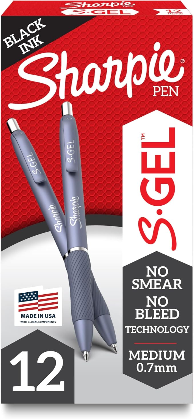Sharpie S-Gel Pens, Frost Blue Barrel, Medium Point (0.7mm), Black Gel Ink, 12 Count - Office Supplies, Journaling, Writing, Note-Taking