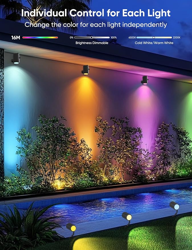 APPECK Smart Landscape Lighting Kit 24W, 4 Pack Outdoor Spot Lights RGBCW | Color Changing Landscape Lights, IP65 Waterproof, 2700-6500K, for Garden Pathway Yard, Daily Holiday Decor, Alexa Compatible