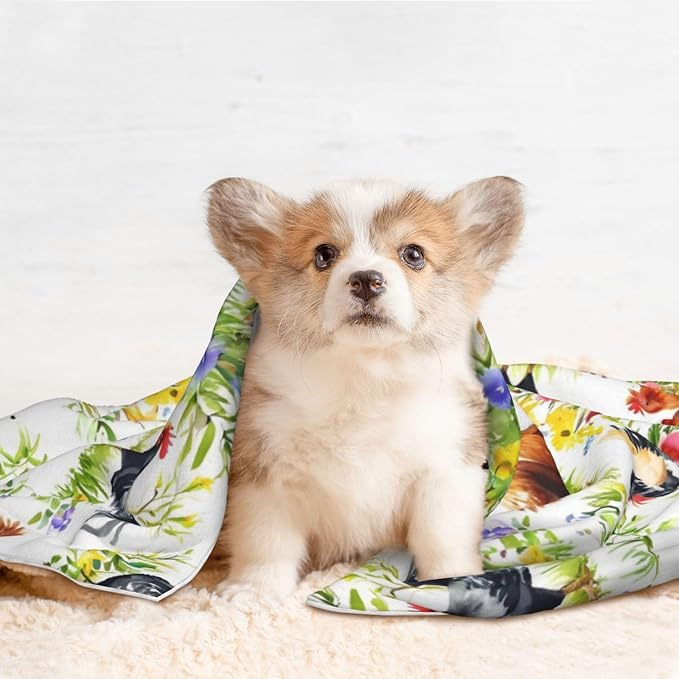 Reversible Dog Blanket for Beds Couches, Rooster Chicken Watercolor Flowers, Double Sided Cat Blanket with Textured Dot Feel and Smooth Feel for Seasonal Comfort All Year