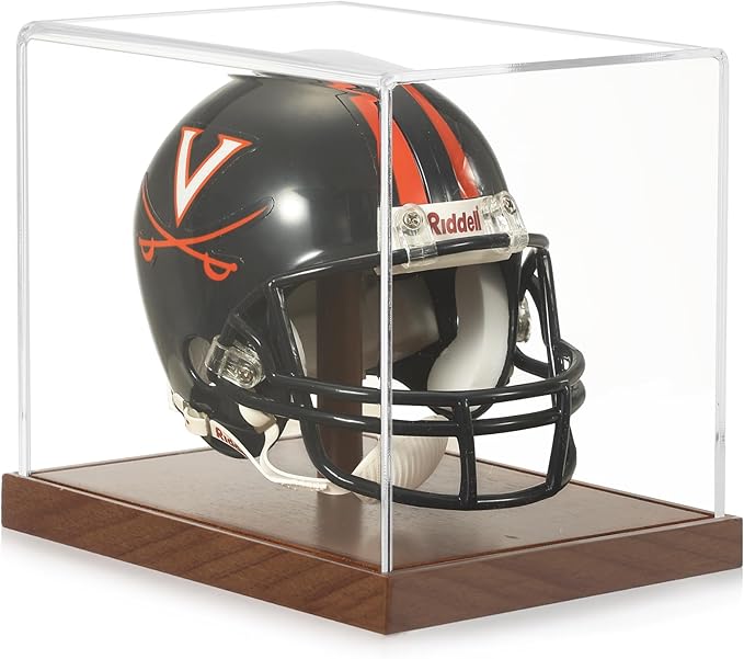 JupDec Mini Helmet Display Case, Acrylic Clear 1/2 Football Baseball Helmet Showcase, UV Protection Souvenirs and Collectibles Box with Solid Wood Base & Riser, Ideal Gift for Sports Enthusiast
