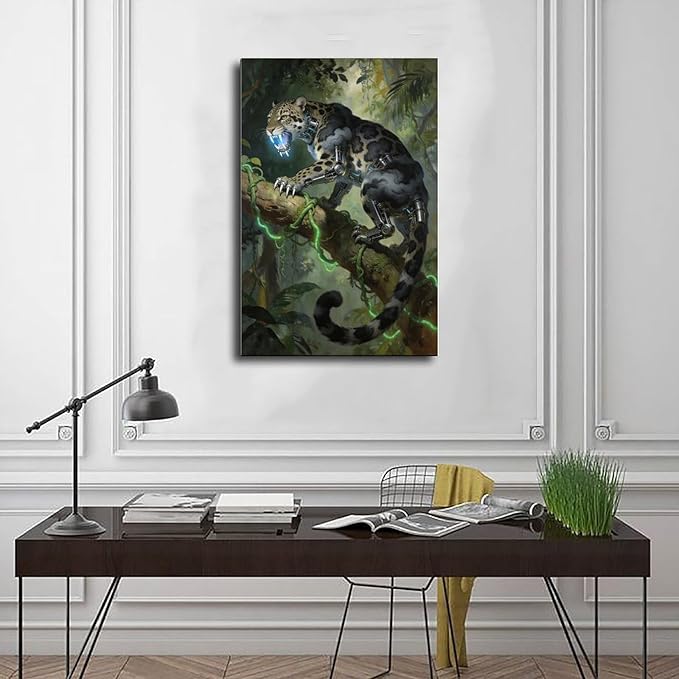 Framed Steampunk Mechanical Leopard Wall Art - Jungle Futuristic Beast Poster for Man Cave Living Room Decor 16x24inch(40x60cm)