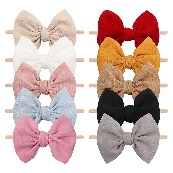 YanJie 4.5'' Nylon Bow Headbands for Baby Girls - Handmade Tied Bows Hair Accessories for Infants and Toddlers - 10 Pieces
