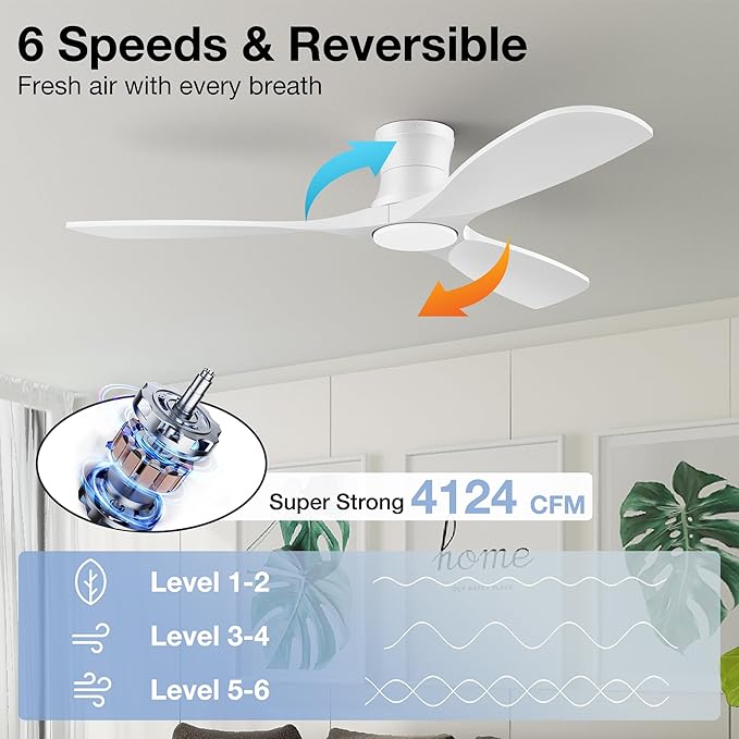 52in Smart Low Profile Ceiling Fans with Lights Remote,Quiet DC Motor,Outdoor Indoor Flush Mount Ceiling Fan,Control with WIFI Alexa App,Dimmable,6-speed,3 White Wood blades,for Modern Bedroom Patio