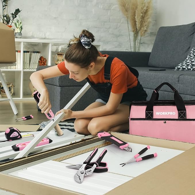 WORKPRO 53-Piece Pink Tool set with Electric Cordless Screwdriver, Basic Tool Kit Set for Women with 13'' Portable Tool Bag for DIY Home Repair/Maintenance - Pink Ribbon