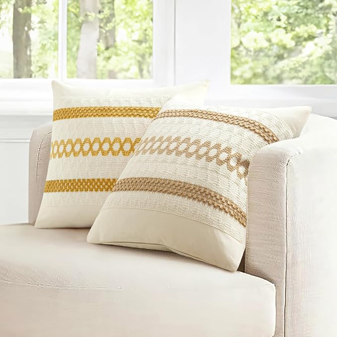 MIULEE Set of 2 Neutral Boho Decorative Pillow Covers 20x20 Inch | Farmhouse Couch Throw Pillows, Modern Spring Cotton Cushion Covers, Macrame Woven Home Decor for Bed Sofa Chair