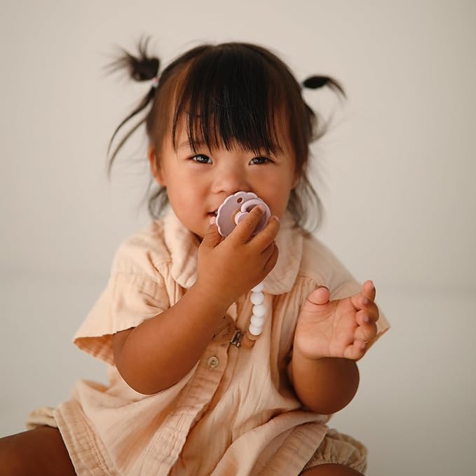FRIGG Daisy SilkySoft Silicone Baby Pacifier | Made in Denmark | BPA-Free (Baby Pink/Soft Lilac, 6-18 Months)