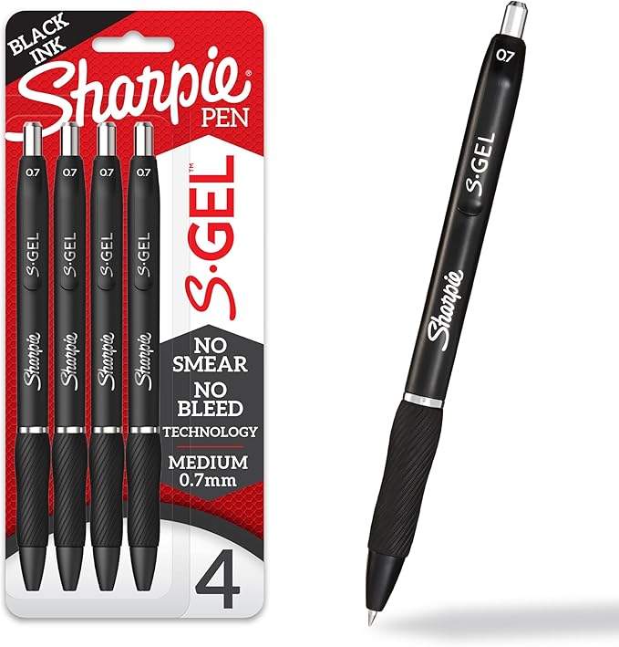 Sharpie S-Gel Pens, Medium Point (0.7mm), Black Ink, 4 Count - Ideal for Writing, Journaling, Drawing, Coloring, Note-Taking, College Supplies