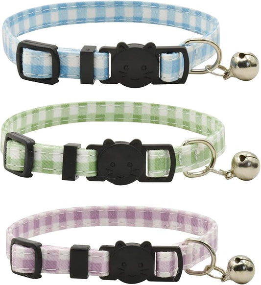 Breakaway Cat Collars with Bell, Set of 3, Durable & Safe Cute Kitten Collars Safety Adjustable Kitty Collar for Cat Puppy 7.5-11in (Plaid-2)
