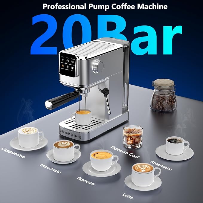 URintells Cuising Espresso Machine with Touchscreen And Cold Brew | 20Bar Pump,Stainless Steel Espresso Maker with Powerful Steam Milk Frother for Cappuccino Latte,Iced Americano