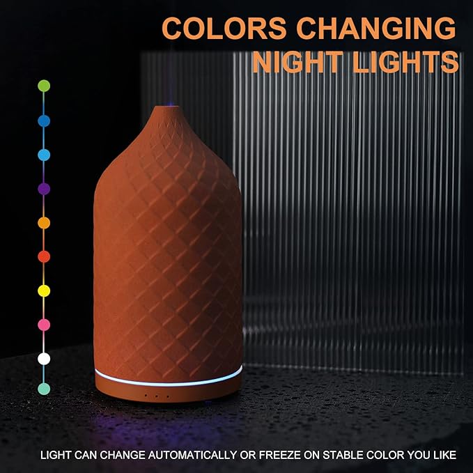 Essential Oil Diffuser for Home, Ceramic Aromatherapy Diffuser for Essential Oils, 120ml Oil Diffuser with Waterless Auto-Off and 7 LED Lights for Large Room Yoga Spa (Terracotta)