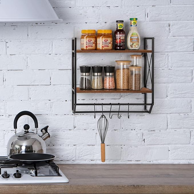 Bathroom Towel Rack 2 Tier Wall Shelf with Towel Bar, Rustic Towel Rack with Shelf for Wall Storage Shelves with Hooks Over Toilet Shelf Wall Mounted Towel Holder Shelf Floating Shelves for Home Brown