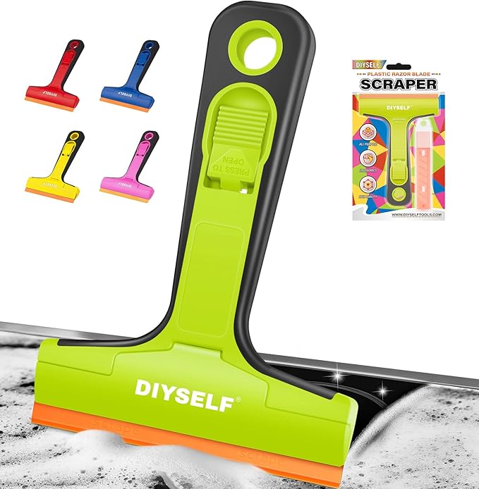 DIYSELF-Razor-Blade-Scraper, 1 Pack Razor Blade Scraper, Extra 5 PCS Orange Plastic Blades, Razor Blade Scraper Tool for Cleaning, Glass Scraper for Windows, Razor Scraper Tool for Car, Cooktop