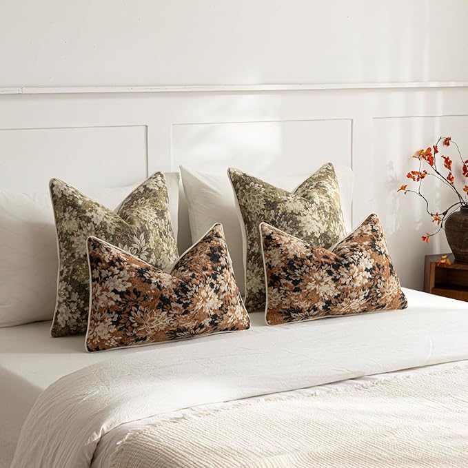 Pack of 2 Vintage Floral Euro Sham Covers 26x26 Boho Farmhouse Accents Chenille Square Decorative Throw Pillow Cases for Living Room Couch Bed Home Decor, Beige