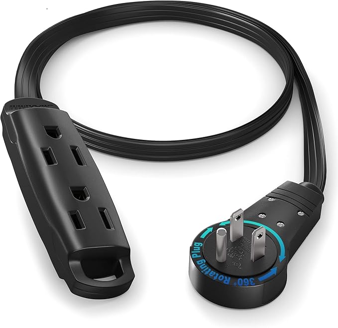 Maximm 360 Degree Rotating Flat Extension Cord 1 Ft Multi 3 Outlet Power Cord Grounded 16 AWG UL Certified, Black