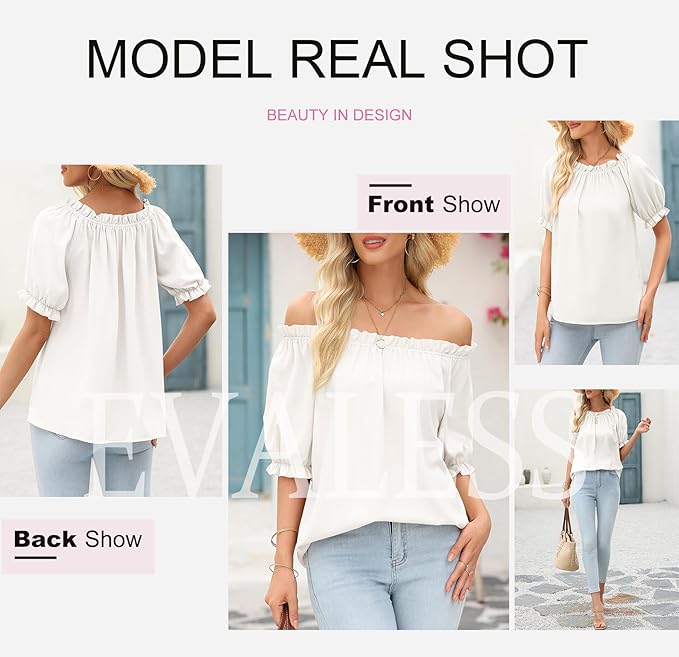 EVALESS Womens Tops Off The Shoulder Blouses for Women Dressy Casual Cute Puff Sleeve T Shirts Fashion 2026