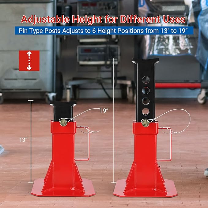 Heavy Duty Pin Type Professional Car Jack Stand with Lock, Automotive Jack Stands for Supporting Trucks Trailers Car, Adjustable Height 13"-19", 22 Ton (44,000 Lb) Capacity, Red, 1 Pair