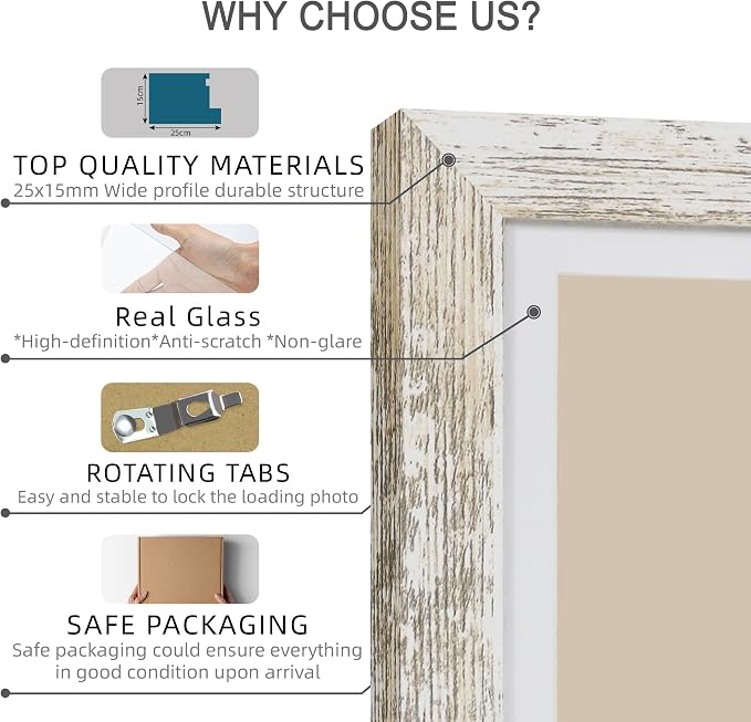 Hongkee 11x14 Picture Frame Set of 4, Made of Glass and Distressed White Wooden Frame, Display 8x10 Pictures with Mat or 11 x 14 Posters without Mat for Wall Mounting, Gallery Photo Frames