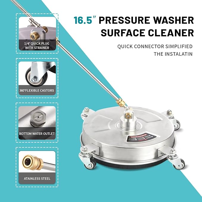 16.5" (16.5" Pressure Washer Surface Cleaner, Power Washer Surface Cleaner w/Extension Wand & 4 Wheels,Replacement Nozzle - Powerful Pressure Washer Attachment for Patios,4000PSI)