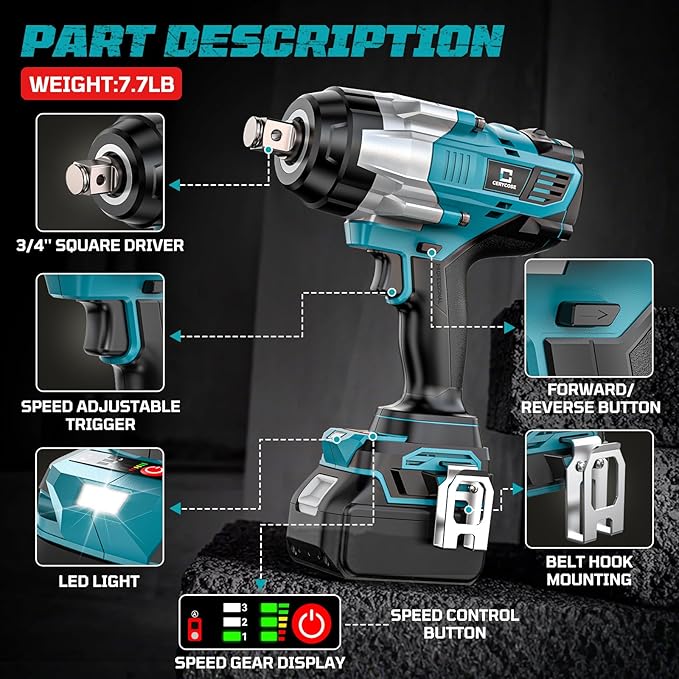 Cordless Impact Wrench 3/4 inch Compatible with Makita 18V Battery, Cerycose1850ft-lbs (2500N.m) Brushless Electric Impact Gun, High Torque Impact Driver, for Heavy-Duty Automotive & Industrial Tasks