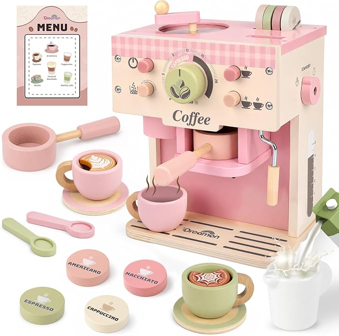 Dreamon Toy Coffee Maker Wooden Kitchen Accessories for Kids Pretend Play | Realistic Kids Coffee Playset with Moving Parts, Montessori Kitchen Toys for 3 4 5 Year Old Boys & Girls Birthday Gifts, Pink