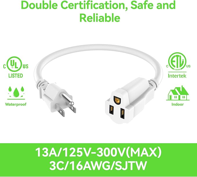 2 Pack Power Extension Cord 4FT, 3-Prong Grounded Electrical Extension Cable Outlet Saver, Single Outlet Extender, Outdoor and Indoor, Heavy-Duty, Waterproof, Flexible, 16AWG, SJTW, 13A 125V(White)