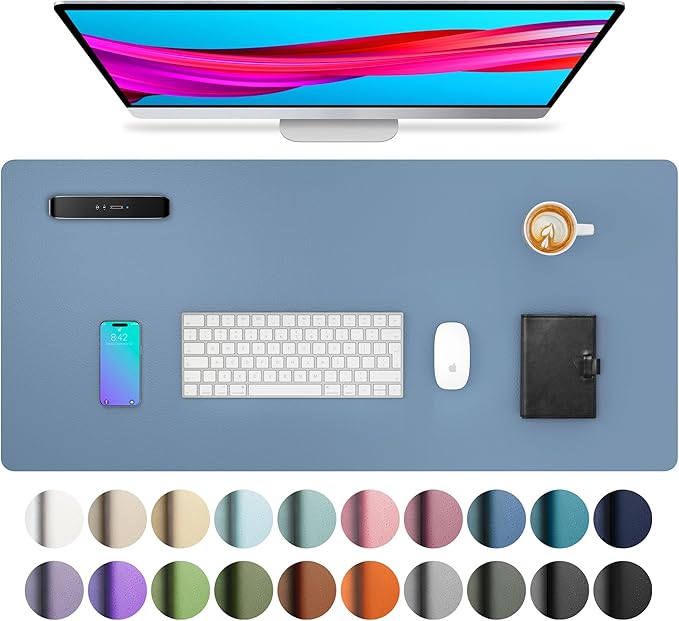 Aothia Leather Desk Pad Protector, Large Mouse Pad, Office Desk Mat, Non-Slip PU Leather Desk Blotter, Laptop Desk Pad, Waterproof Desk Writing Pad for Office and Home (Denim Blue, 23.6" x 13.7")