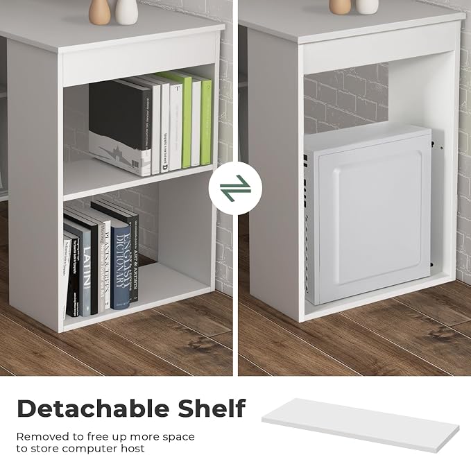 GRAFFY Computer Desk with 6 Storage Shelves - 48" Reversible Writing Desk Workstation with Bookshelf and CPU Stand, Modern Compact Office Desk for Bedroom, Study, Home, Office (White)