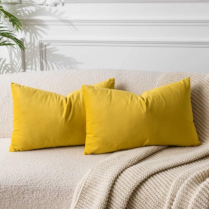 16x24 Pillow Covers Set of 2 Decorative Velvet Throw Pillow Covers,Yellow | Luxury Soft Cushion Covers with Invisible Zipper for Couch Sofa Bed Living Room Bedroom Home Decor