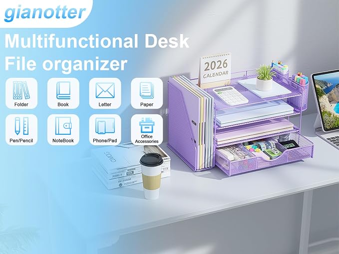 gianotter Desk Organizers and Accessories with File Holder, 4-Tier Desk Accessories & Workspace Organizers with Drawer and 2 Pen Holder, Paper Organizer for Office Supplies (Purple)