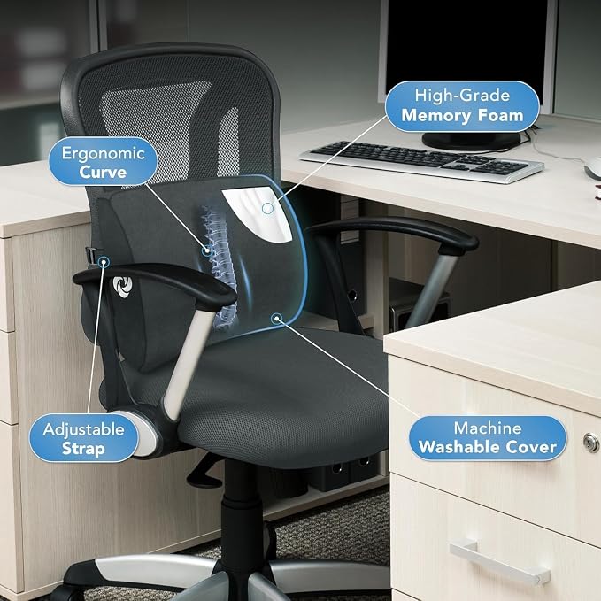 Samsonite Lumbar Support Pillow for Office Chair and Car Seat, Perfectly Balanced Memory Foam, Versatile Use Lower Back Cushion, Black Plush