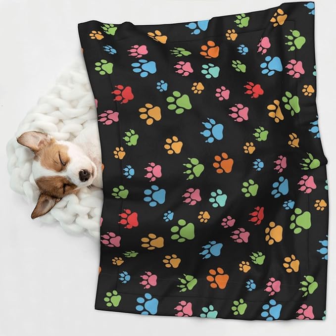 Reversible Plush Throw for Dogs and Cats, Pink Red Blue Green Dog Pug Paws, Double Sided Blanket with Nubby Dot Side and Sleek Side Ideal for Cuddling Nesting Security