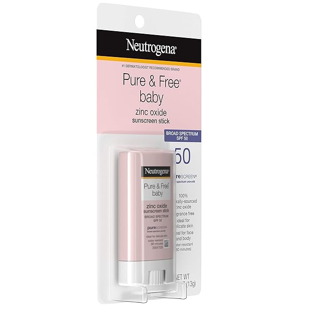 Neutrogena Pure & Free Baby Mineral Sunscreen Stick with Broad Spectrum SPF 50 & Zinc Oxide, Water-Resistant, Hypoallergenic, Paraben-, Dye- & PABA-Free Baby Face & Body Sunscreen, 0.47 oz