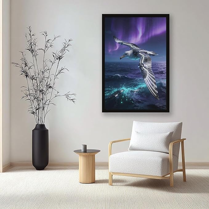 Framed Steampunk Mechanical Seagull Wall Art - Aurora Ocean Retro Poster for Bedroom Game Room Decor 08x12in