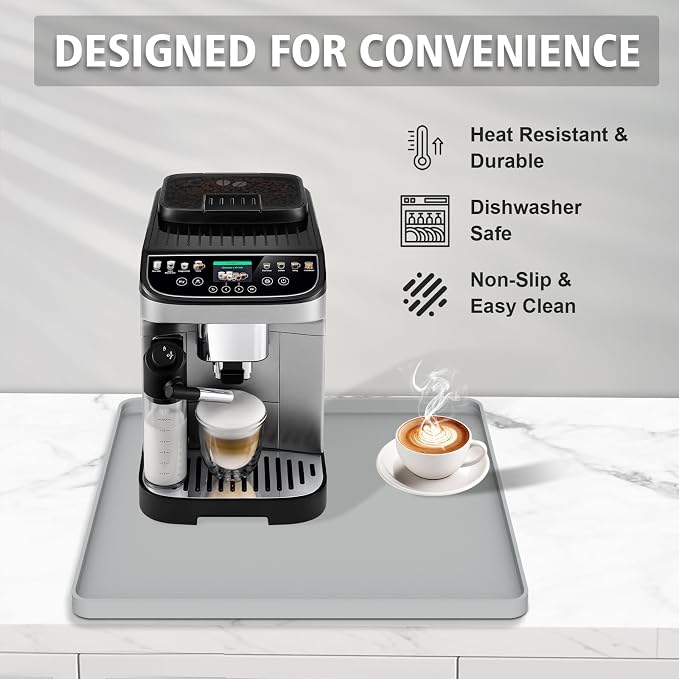 Silicone Coffee Mat 16"x16", Single Piece Anti-Vibration Under Coffee Maker Mat, Non-Slip Espresso Machine Mat with 10mm Raised Edge, Noise Reduction Countertop Protector, Fits Breville Ninja Keurig