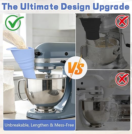 No-Mess Flour Funnel for Kitchen Aid Mixer Set with Scoop, Extended Mouth Foldable Flour Funnel for Kitchenaid Stand Mixer Attachments for 4.5-7 Quart KSM150, Dishwasher Safe Pouring Chute