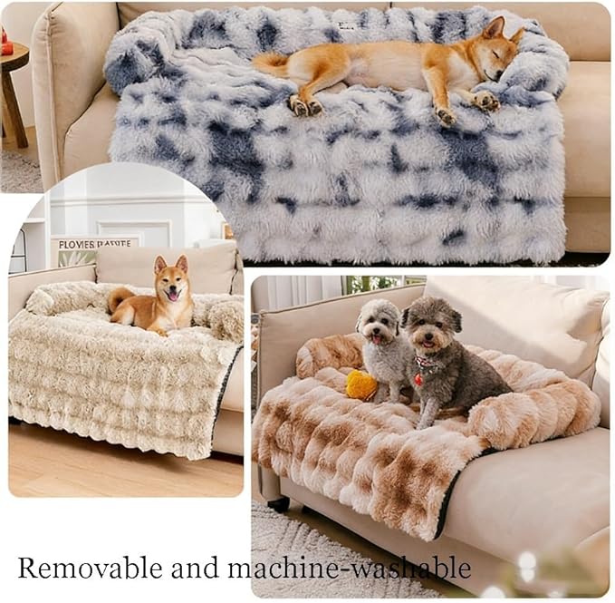 Dream Cloud Pet Sofa Bed for Dogs Cats, 2026 Washable Removable Calming Fluffy Plush Mat for Furniture Protector, Long Fur Non-Slip, for Small/Medium/Large Home Pets (Khaki, L: 37.4 * 33.5IN)