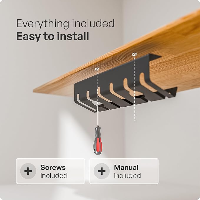 PAMO Cable Management Under Desk for Easy mounting Under-Table I Set of 3 - with 10X Cable Ties I Desk Organizer for Office/Home Office Table Thoughtful Cable Tray Holder