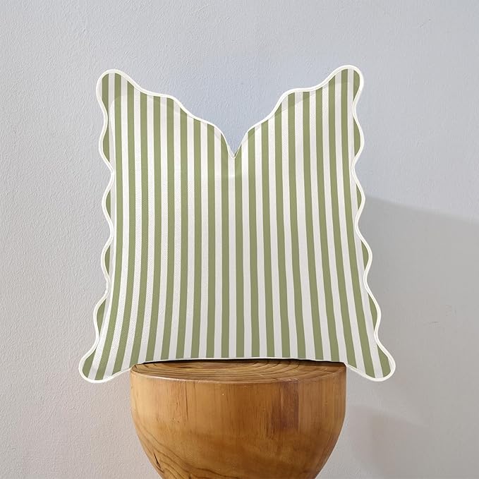 Scalloped Throw Pillow Covers | Decorative Couch Pillows | Cute Stripe Pillow Cases | Boho Sytle for Living Room (Green & White, 24x24 Inch)