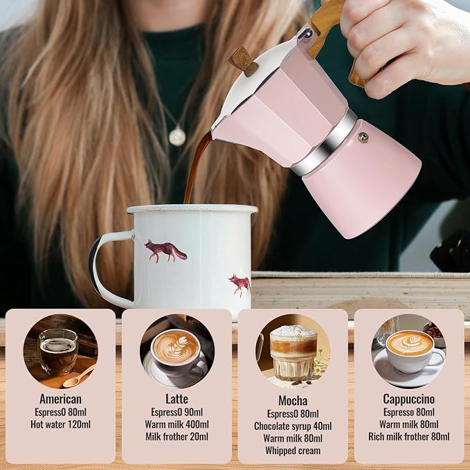 6 Cup Aluminum Moka Pot Classic Stovetop Espresso Coffee Maker 300ml 10oz Coffeemaker Percolator Mocha Pot Greca Coffee Maker Cafe Makers for Italian and Cuban Café Brewing Pink