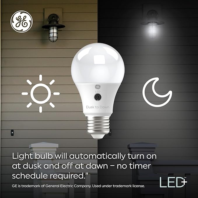 GE LED+ CA11 Dusk to Dawn LED Light Bulbs, Automatic On/Off Outdoor Security Lights, Daylight, E26 Medium Base (2 Pack)