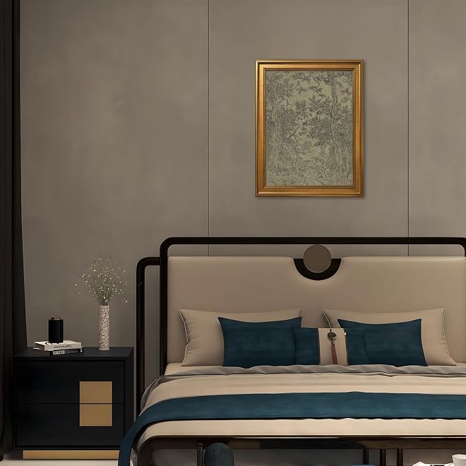 Gold Framed Antique Textile Landscape Sketch Wall Art Painting Moody Vintage Drawing Print Rustic Old-World Picture Poster Neutral Canvas Artwork for Living Room Study Entryway Home Decor 8x10inch
