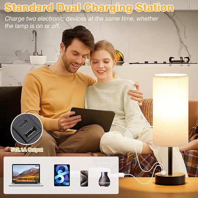 Dicoool Bedside Table Lamp for Bedroom - 3-Way Dimmable Touch Lamp, USB A+C | LED Bulb Included, 14" Small Nightstand Lamp for Desk, Living Room, Guest Room, Beige Fabric Lampshade, Black Metal Base
