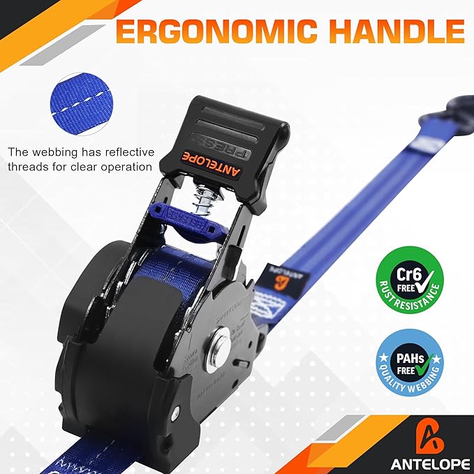 Retractable Ratchet Straps(4 PK), 1" x 12 ft Auto Retract Tie Downs, Automaitc Ratchet Straps,1500lb Break Strength AutoRetract Self Retracting for Motorcycle, Truck, Cargo, Trailer, ATV, UTV -Blue