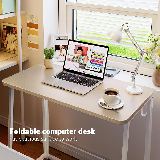 WOHOMO Folding Desk, 31.5" Foldable Computer Table for Small Spaces, Oak | Easy Assembly and Fold, Sturdy Home office desks for Study Bedroom Dorm Space Saving Writing Work Apartment
