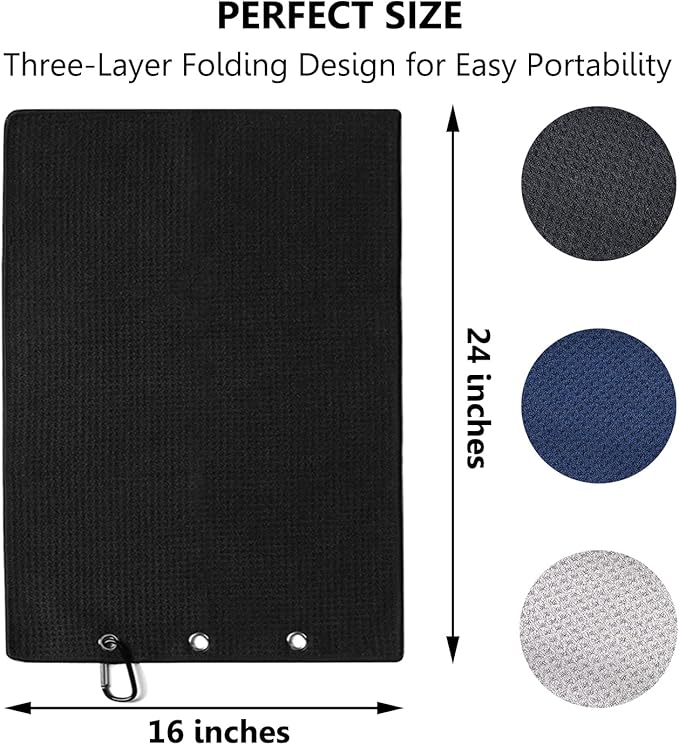 3 Pack Large Golf Towels, 16" x 24" Tri-Fold Portable Microfiber Fabric Waffle Pattern Golf Towel for Golf Bag with Carabiner Clip to Quickly Remove Sand, Mud, Dirt and Sweat