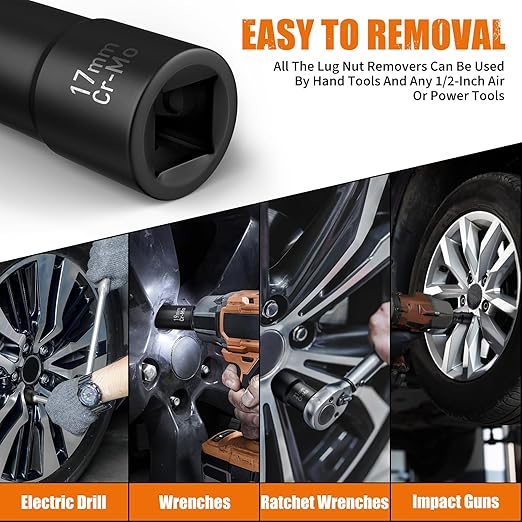 Wheel Lock Removal Kit, 10 Piece Lug Nut Remover, 1/2-Inch-Drive Impact Easy Out Bolt Extractor Socket Set for Removing Damaged, Frozen, Rusted, Rounded-Off Bolts, Nuts & Screws