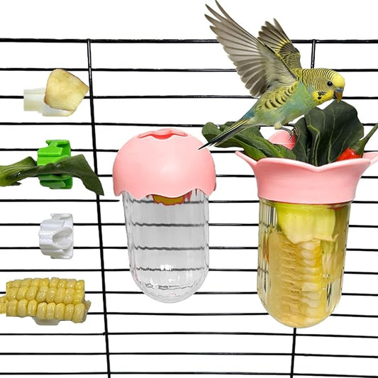 7 PCS Bird Cage Feeder for Vegetable Millet Holder Cage Accessories with Parrot Fruit Forks for Budgie Cockatiel Lovebirds Parrot (Pink)