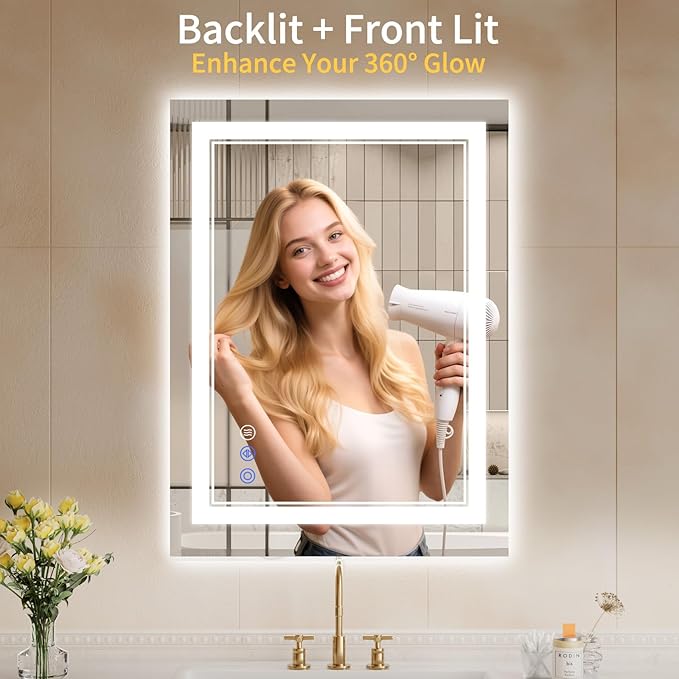 22"x30" LED Bathroom Mirror with Lights, Anti-Fog, Backlit + Front Lit, Dimmable, Led Vanity Mirror for Wall, Lighted Bathroom Mirror, 3 Colors, Shatter-Proof Tempered Glass