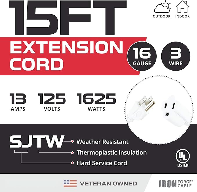 Iron Forge Cable 2 Pack Weatherproof 15 Ft Outdoor Extension Cord - 16/3 SJTW Heavy Duty White Extension Cord 3 Prong - 13 Amp Exterior Power Cable