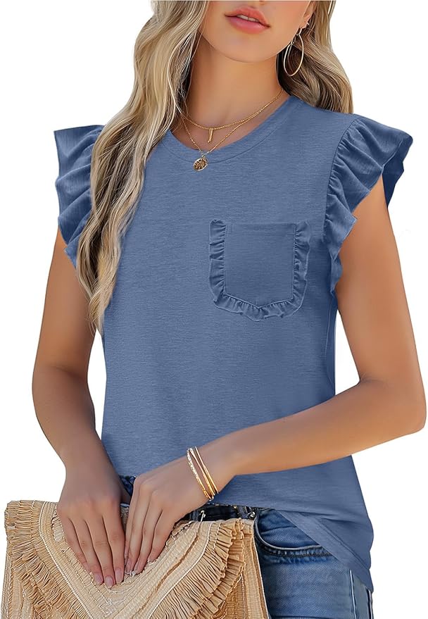 JUSTFASHIONNOW Womens Summer Tops Striped T-Shirts 2026 Ruffle Short Sleeve Crew Neck Casual Blouses with Pocket